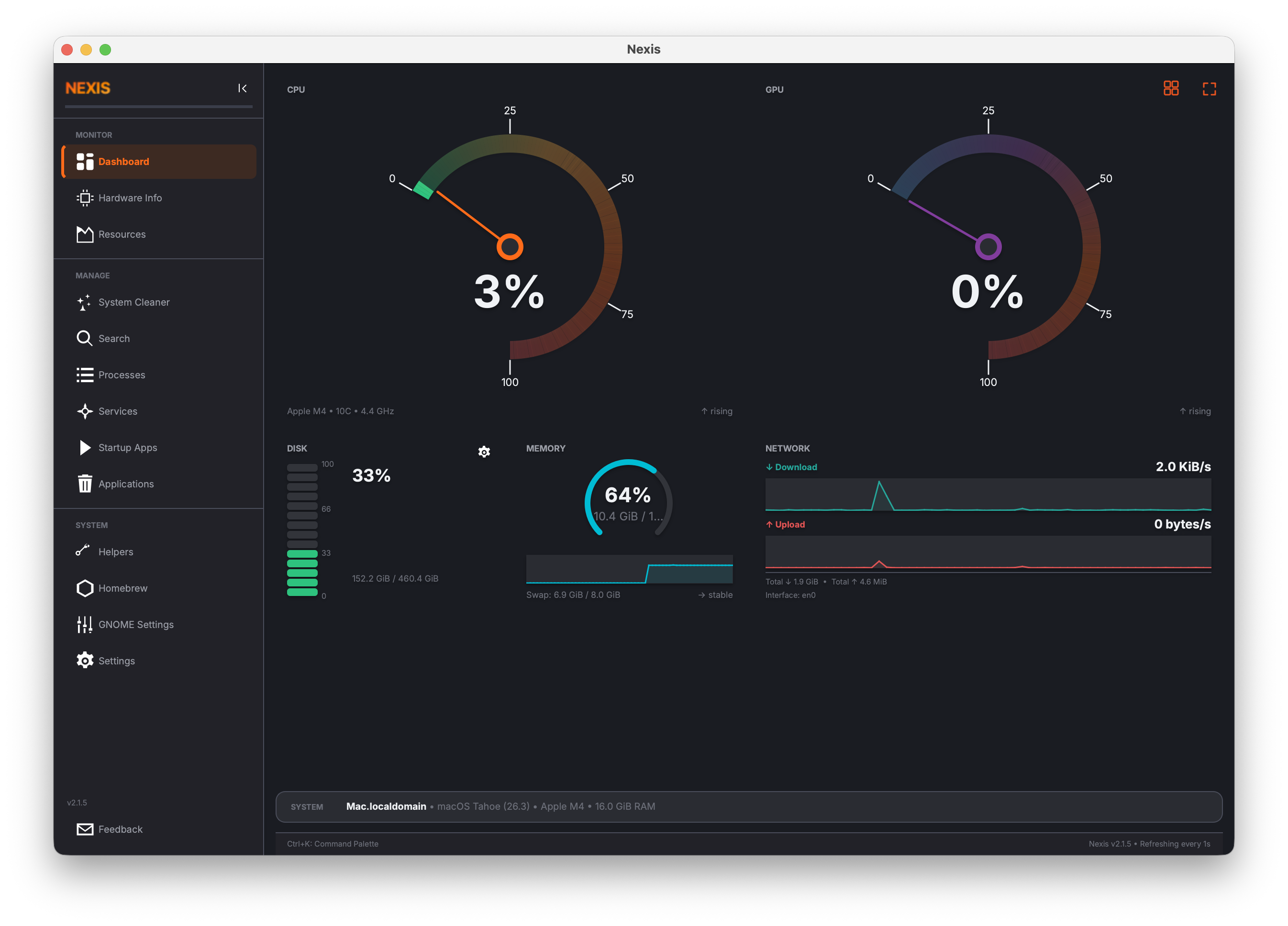 Nexis dashboard showing real-time CPU, memory, disk, GPU, and network monitoring