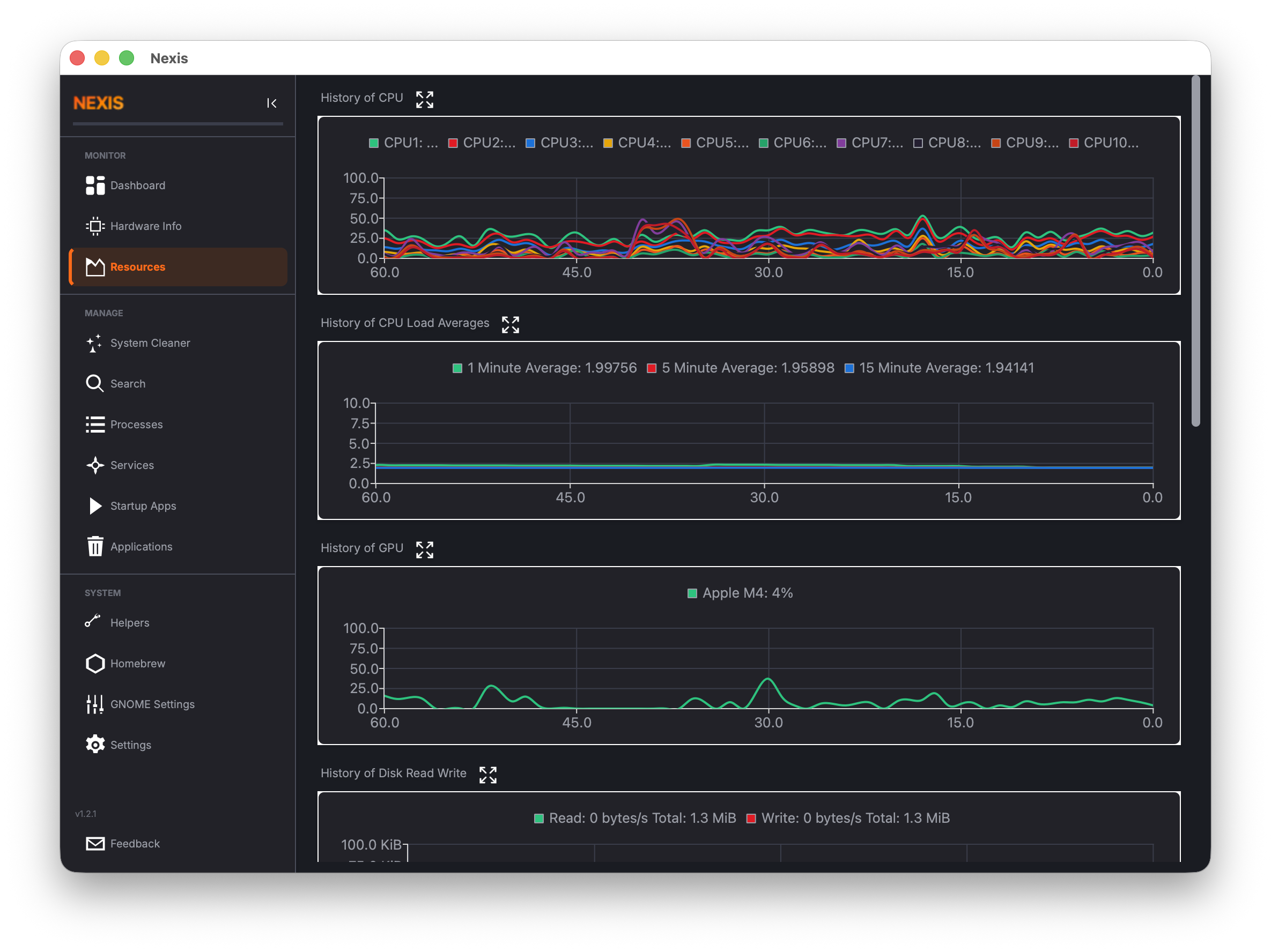 Resource monitor with historical CPU, memory, GPU, and network charts